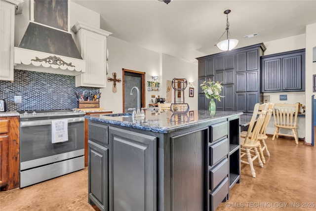 26115 US Highway 70, Bokchito, OK 74726 - kitchen with stainless steel electric stove, premium range hood, a sink, finished concrete floors, and backsplash