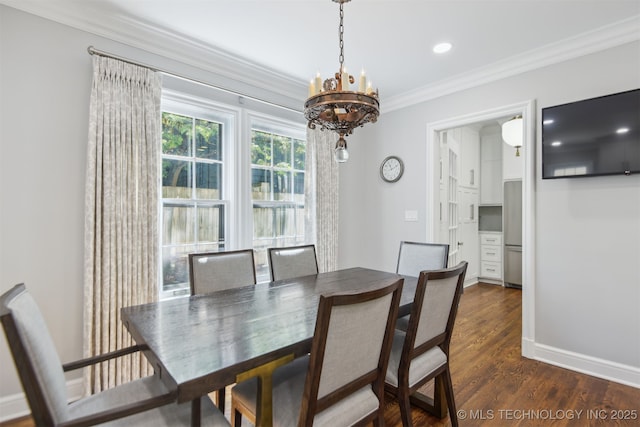 201 E 24th Pl, Tulsa, OK 74114 - dining area with a chandelier, crown molding, dark wood-style floors, baseboards, and recessed lighting