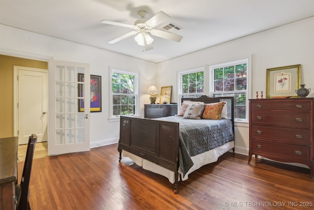 201 E 24th Pl, Tulsa, OK 74114 - bedroom featuring dark wood-style floors, baseboards, ceiling fan, and ornamental molding