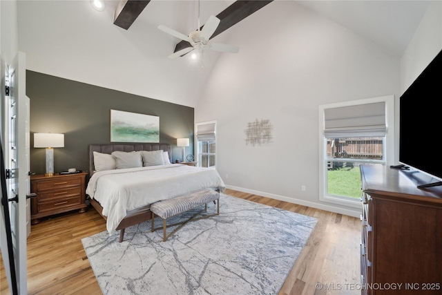 1205 W 88th St S, Tulsa, OK 74132 - bedroom featuring high vaulted ceiling, light wood-style flooring, baseboards, and ceiling fan