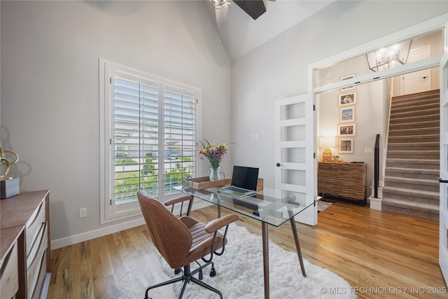 1205 W 88th St S, Tulsa, OK 74132 - office area with ceiling fan, light wood-type flooring, baseboards, and high vaulted ceiling