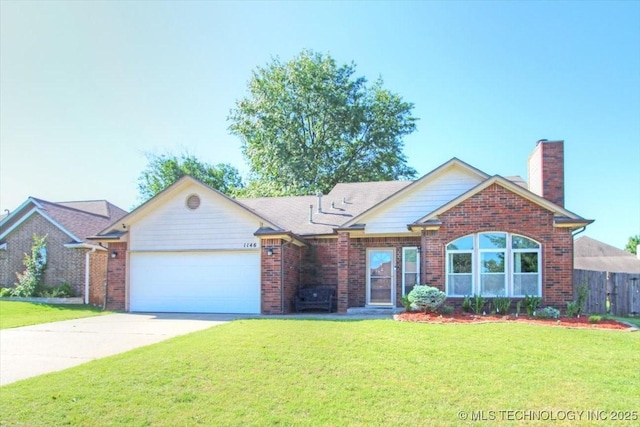 1146 E 137th St, Glenpool, OK 74033 - view of front of property with an attached garage, driveway, brick siding, and a chimney