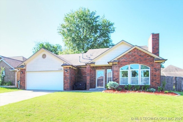 1146 E 137th St, Glenpool, OK 74033 - view of front of home with a garage, driveway, a chimney, and brick siding