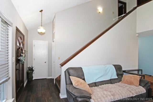 1146 E 137th St, Glenpool, OK 74033 - entrance foyer featuring wood finished floors, vaulted ceiling, and stairs