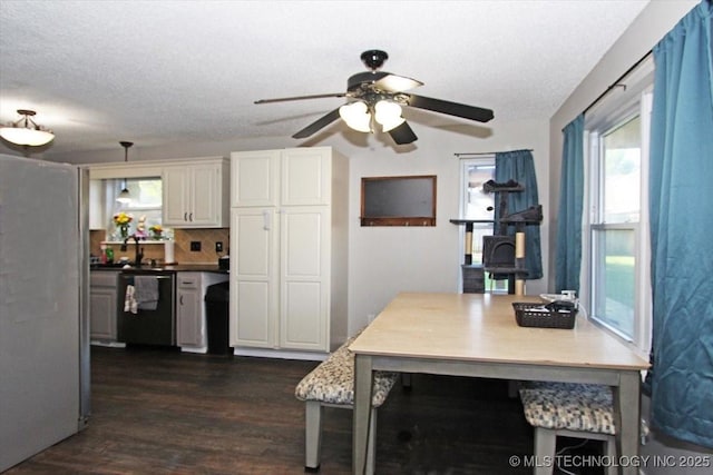 1146 E 137th St, Glenpool, OK 74033 - kitchen with black dishwasher, ceiling fan, dark wood-type flooring, white cabinetry, and tasteful backsplash