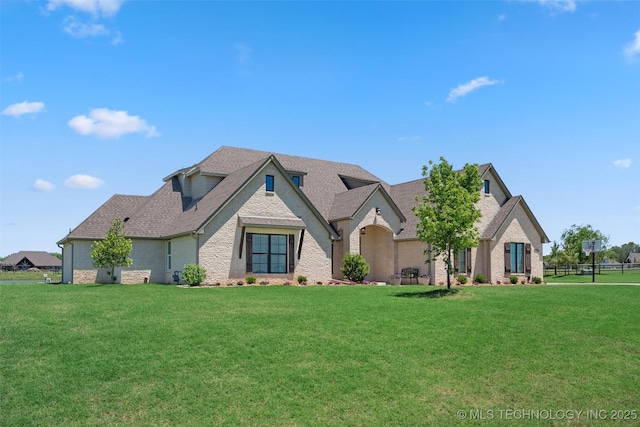 8209 N 150th Ave E, Owasso, OK 74055 - french provincial home featuring a front yard, roof with shingles, and brick siding