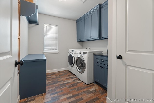 8209 N 150th Ave E, Owasso, OK 74055 - laundry area featuring cabinet space, independent washer and dryer, brick flooring, and baseboards