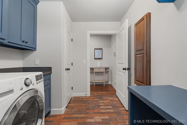 8209 N 150th Ave E, Owasso, OK 74055 - washroom featuring washer / dryer, cabinet space, brick flooring, and baseboards
