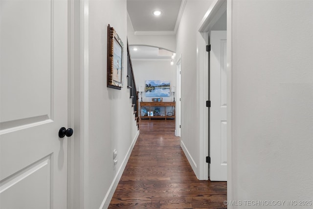 8209 N 150th Ave E, Owasso, OK 74055 - corridor featuring ornamental molding, dark wood-type flooring, arched walkways, recessed lighting, and baseboards