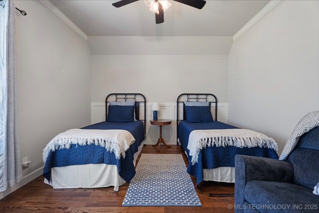 8209 N 150th Ave E, Owasso, OK 74055 - bedroom featuring wood finished floors, ornamental molding, and ceiling fan