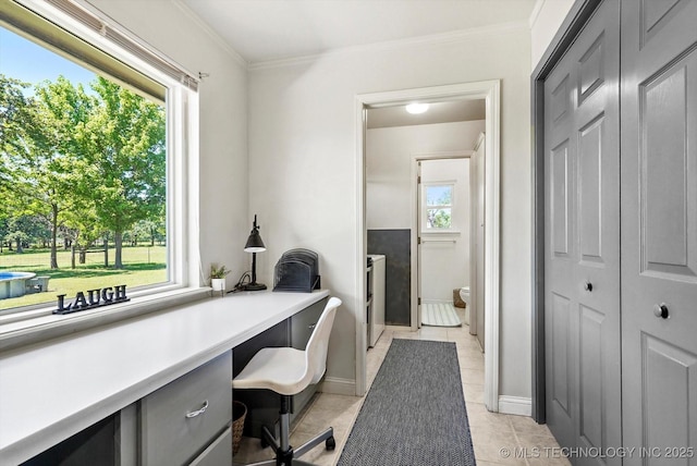18094 S 461st E Ave, Porter, OK 74454 - office space with light tile patterned floors, crown molding, baseboards, and built in desk