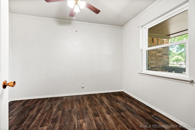 18094 S 461st E Ave, Porter, OK 74454 - unfurnished room featuring dark wood-style flooring, baseboards, ceiling fan, and crown molding