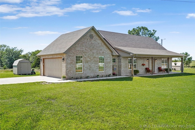8323 S 2nd W, Muskogee, OK 74401 - view of front of house with brick siding, concrete driveway, a front lawn, and a shingled roof