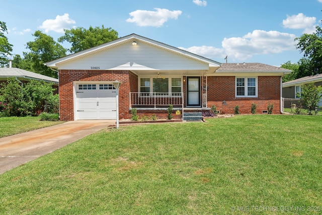 10925 E 4th St, Tulsa, OK 74128 - ranch-style house featuring an attached garage, brick siding, concrete driveway, a porch, and a front yard