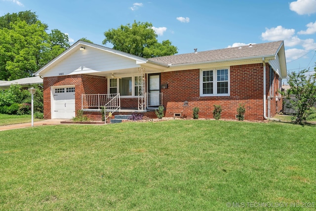 10925 E 4th St, Tulsa, OK 74128 - single story home featuring covered porch, brick siding, an attached garage, a front lawn, and driveway
