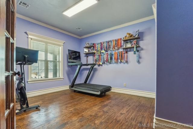 9512 N 144th E Ave, Owasso, OK 74055 - exercise room with ornamental molding, wood finished floors, and baseboards