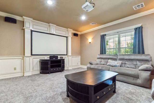 9512 N 144th E Ave, Owasso, OK 74055 - home theater featuring crown molding, a decorative wall, carpet flooring, recessed lighting, and a wainscoted wall