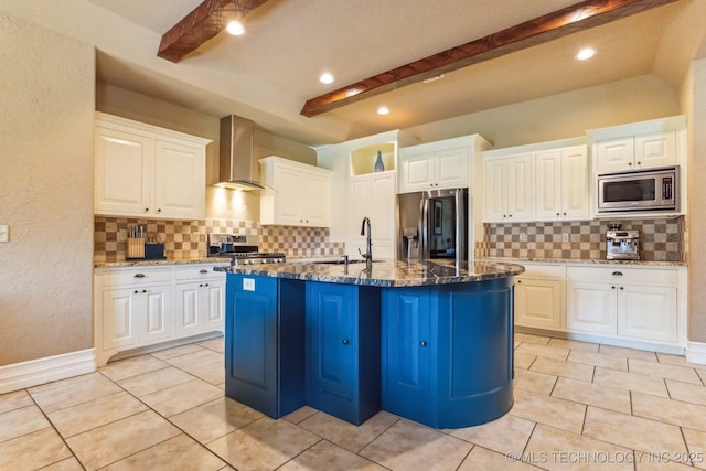 9512 N 144th E Ave, Owasso, OK 74055 - kitchen featuring wall chimney range hood, stainless steel appliances, a sink, backsplash, and dark stone countertops