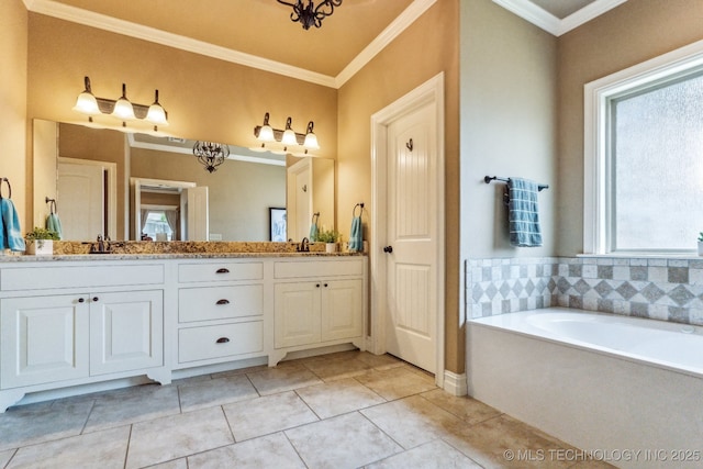 9512 N 144th E Ave, Owasso, OK 74055 - full bathroom featuring double vanity, a bath, crown molding, and tile patterned floors