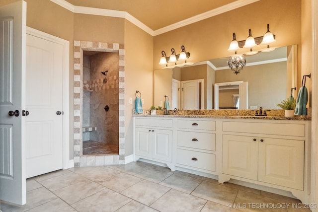 9512 N 144th E Ave, Owasso, OK 74055 - bathroom featuring ornamental molding, a walk in shower, double vanity, tile patterned floors, and a chandelier