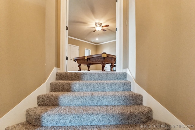 9512 N 144th E Ave, Owasso, OK 74055 - staircase with ornamental molding and a ceiling fan
