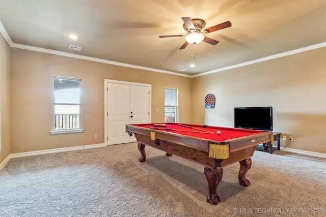 9512 N 144th E Ave, Owasso, OK 74055 - game room with carpet floors, baseboards, pool table, crown molding, and recessed lighting