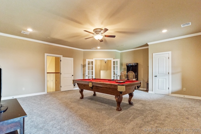 9512 N 144th E Ave, Owasso, OK 74055 - recreation room with a ceiling fan, billiards, carpet, french doors, and crown molding