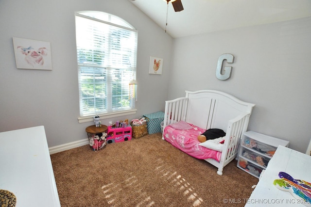 2570 Ambers Way, Tahlequah, OK 74464 - bedroom featuring carpet floors, lofted ceiling, and a ceiling fan