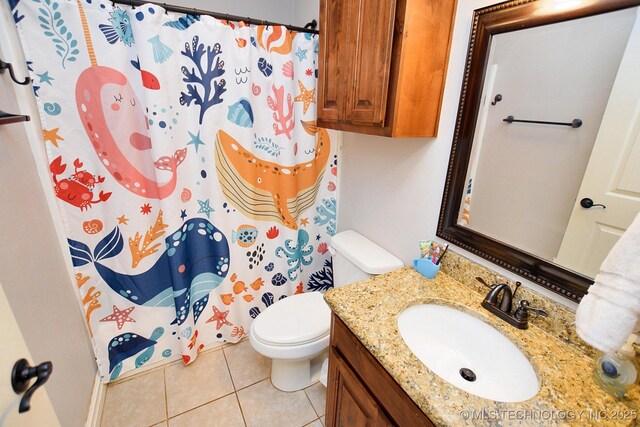 2570 Ambers Way, Tahlequah, OK 74464 - full bathroom featuring vanity, toilet, tile patterned floors, and a shower with curtain