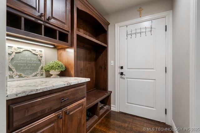 10406 N 86th E Ave, Owasso, OK 74055 - mudroom featuring dark wood-style floors and baseboards