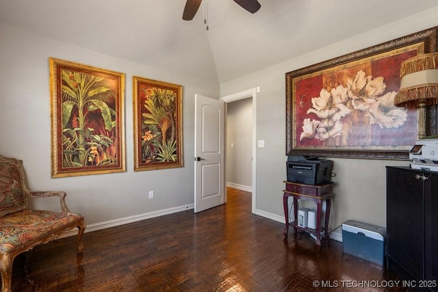 10406 N 86th E Ave, Owasso, OK 74055 - living area with a ceiling fan, wood finished floors, baseboards, and lofted ceiling