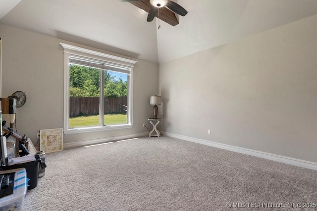 10406 N 86th E Ave, Owasso, OK 74055 - interior space featuring carpet flooring, baseboards, vaulted ceiling, and a ceiling fan