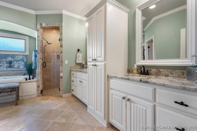 10406 N 86th E Ave, Owasso, OK 74055 - bathroom with vanity, a shower stall, a bath, and crown molding