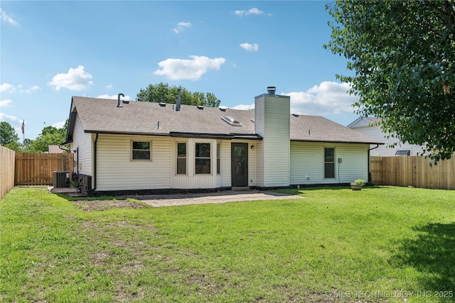8208 N 122nd E Ave, Owasso, OK 74055 - back of property featuring central air condition unit, a chimney, roof with shingles, and a patio area