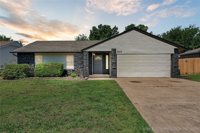 8208 N 122nd E Ave, Owasso, OK 74055 - ranch-style home featuring stone siding, concrete driveway, a front yard, a garage, and roof with shingles