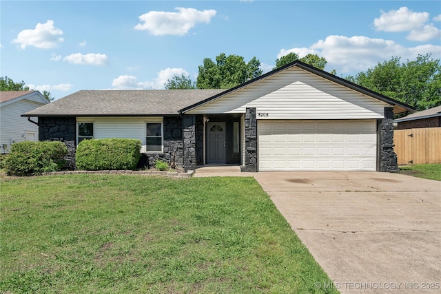 8208 N 122nd E Ave, Owasso, OK 74055 - ranch-style house featuring stone siding, a garage, driveway, and a shingled roof