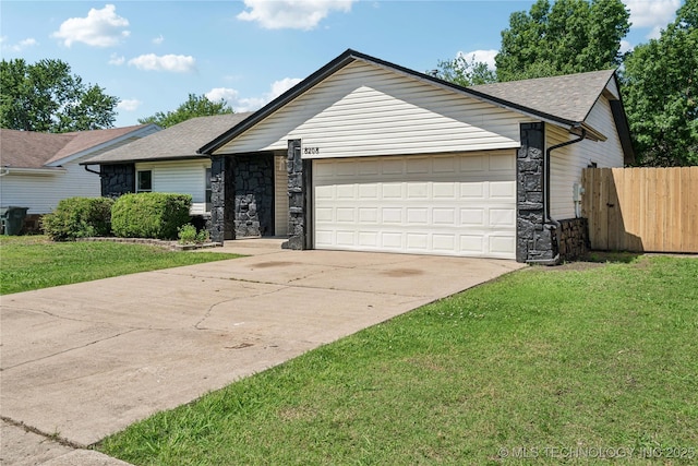8208 N 122nd E Ave, Owasso, OK 74055 - ranch-style home with stone siding, an attached garage, a shingled roof, and concrete driveway