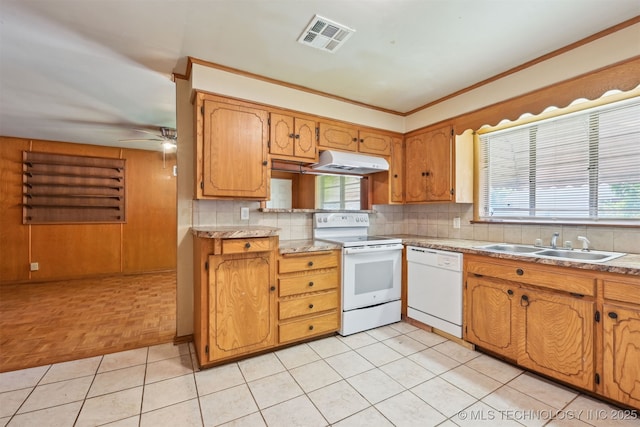 1604 E 55th Pl, Tulsa, OK 74105 - kitchen with white appliances, under cabinet range hood, a sink, backsplash, and a ceiling fan