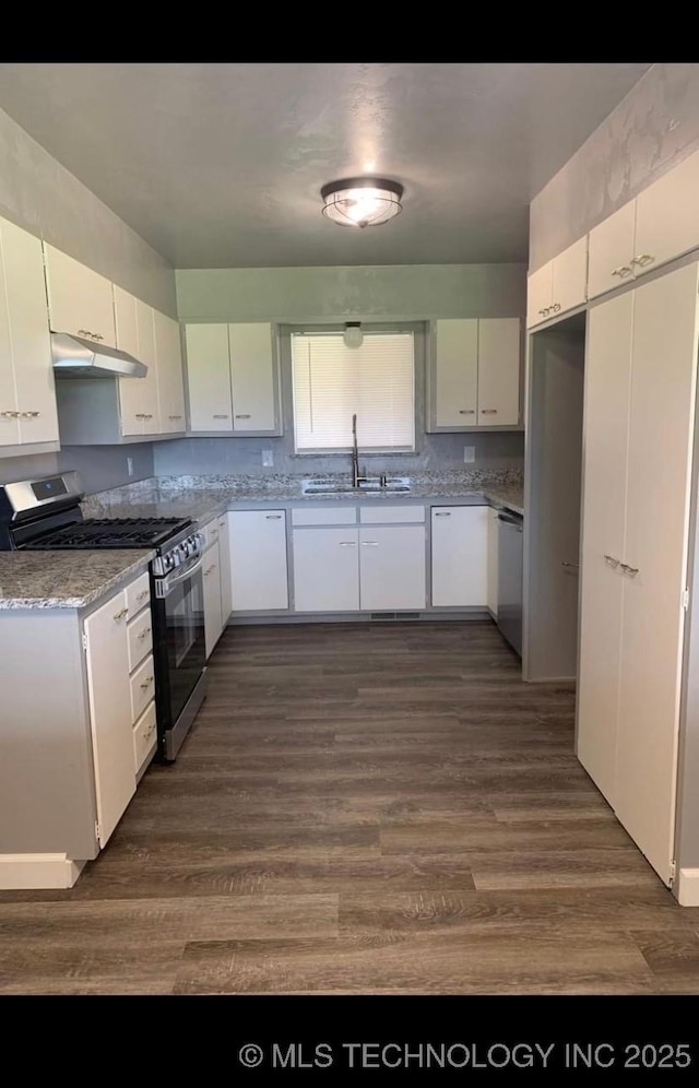 1011 E 11th St, Cushing, OK 74023 - kitchen with appliances with stainless steel finishes, under cabinet range hood, a sink, white cabinetry, and dark wood-style flooring