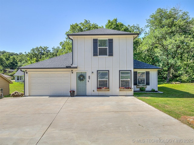 228 W Ohio Ave, Kiefer, OK 74041 - traditional-style house featuring board and batten siding, concrete driveway, roof with shingles, a front yard, and a garage