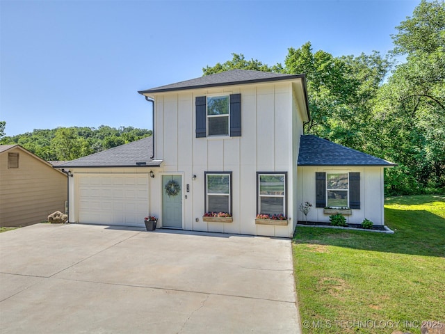 228 W Ohio Ave, Kiefer, OK 74041 - traditional-style house featuring board and batten siding, concrete driveway, roof with shingles, a front lawn, and a garage