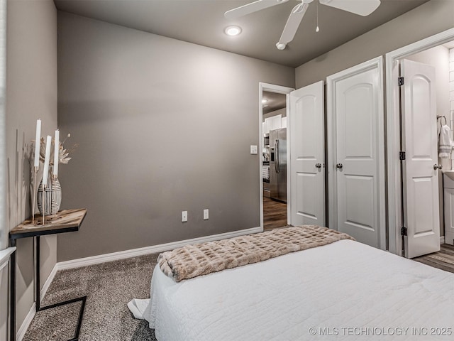 228 W Ohio Ave, Kiefer, OK 74041 - carpeted bedroom featuring stainless steel fridge with ice dispenser, baseboards, recessed lighting, and ceiling fan