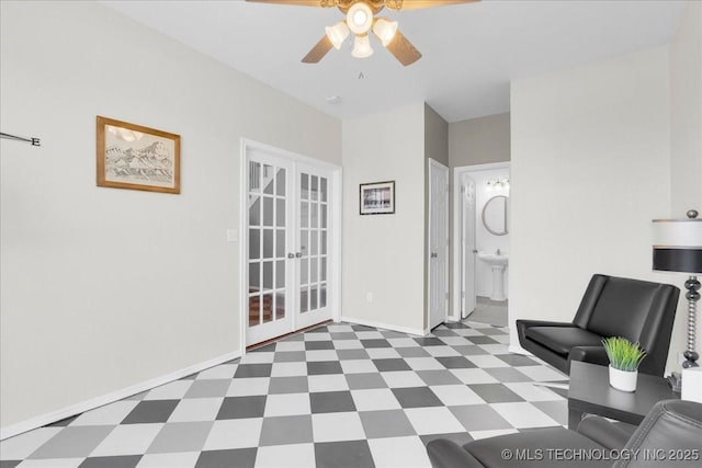 3000 S Tamarack Ave, Broken Arrow, OK 74012 - living area featuring french doors, tile patterned floors, a ceiling fan, and baseboards