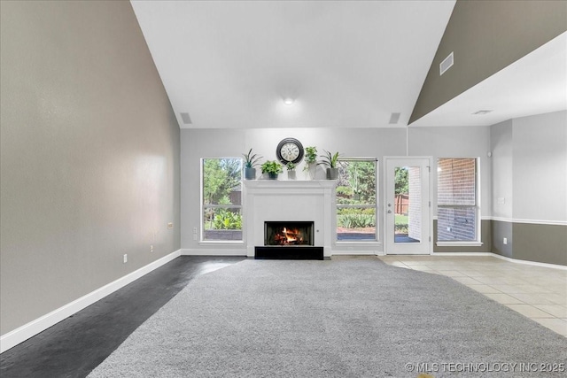 3000 S Tamarack Ave, Broken Arrow, OK 74012 - tiled living room with a fireplace with flush hearth, baseboards, and high vaulted ceiling