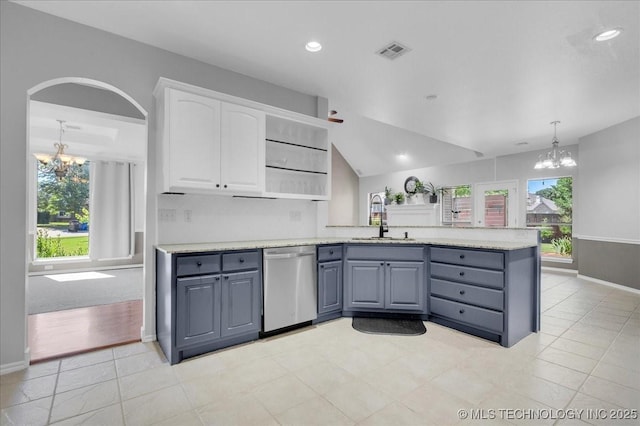 3000 S Tamarack Ave, Broken Arrow, OK 74012 - kitchen featuring a chandelier, stainless steel dishwasher, a sink, a peninsula, and recessed lighting