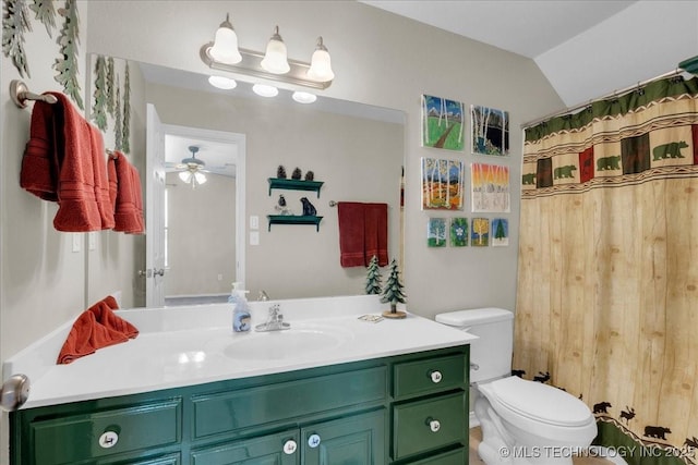 3000 S Tamarack Ave, Broken Arrow, OK 74012 - full bath featuring vanity, toilet, a ceiling fan, lofted ceiling, and curtained shower