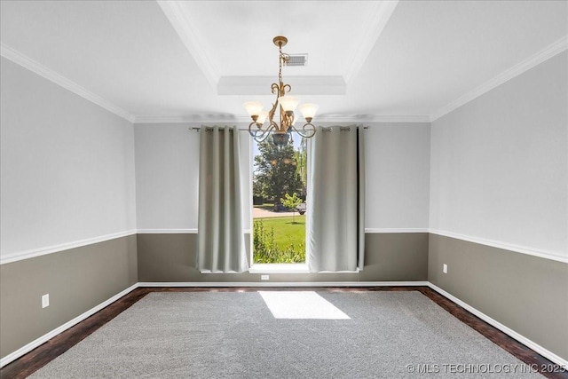 3000 S Tamarack Ave, Broken Arrow, OK 74012 - unfurnished room featuring a chandelier, ornamental molding, a raised ceiling, baseboards, and wood finished floors