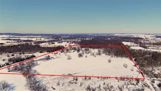 4748 N 4318th Rd, Pryor, OK 74361 - snowy aerial view with property parcel outlined and a rural view