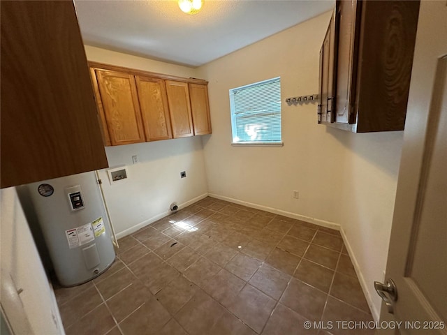 905 Brookside Dr, Durant, OK 74701 - washroom featuring hookup for an electric dryer, hookup for a washing machine, electric water heater, dark tile patterned flooring, and cabinet space