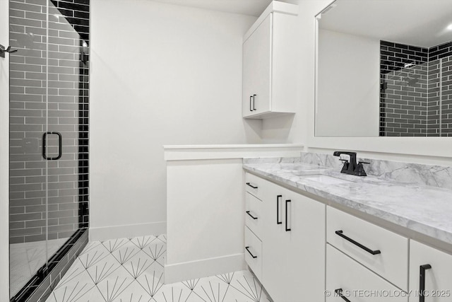 5011 E 84th St, Tulsa, OK 74137 - bathroom with a shower stall, vanity, a baseboard radiator, and baseboards